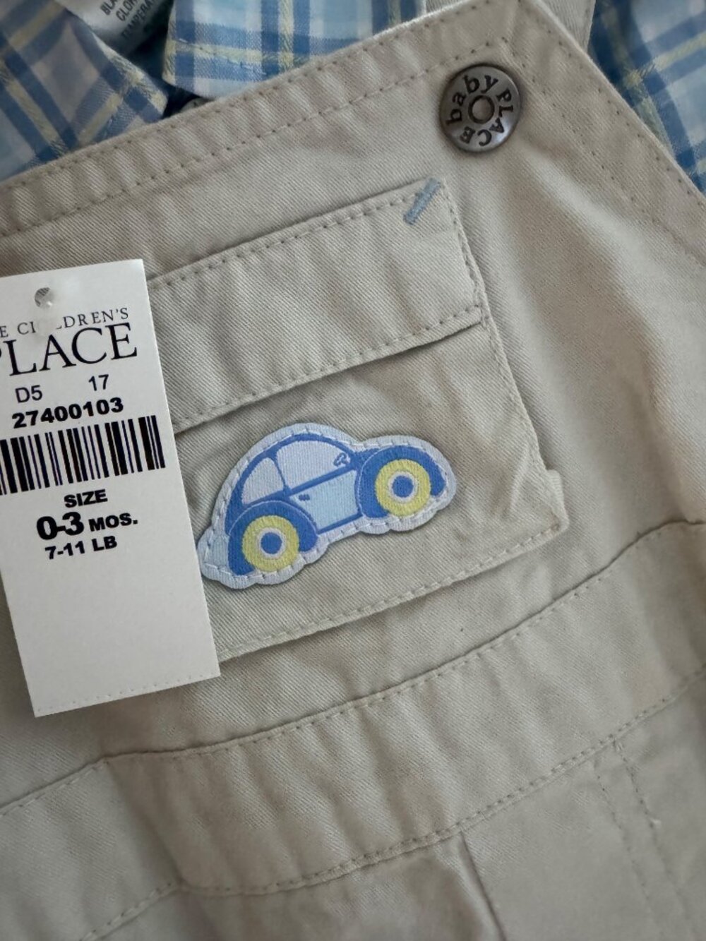 The Childrens Place Baby Boy Overalls Set 0-3M Beige & Blue Plaid - Picture 5 of 5